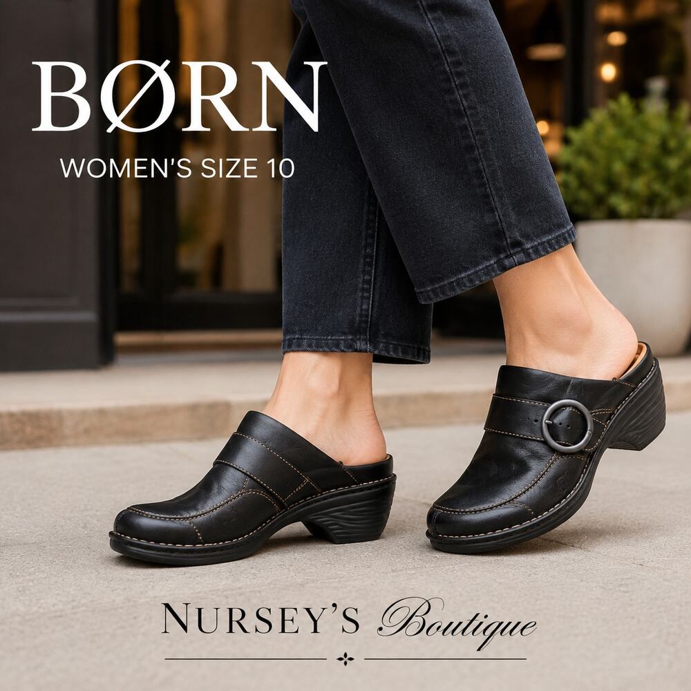 Born Black Leather Buckle Mule Clogs Womens 10M Chunky Heel W31428